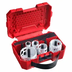 This 10-piece hole saw kit features carbide-tipped teeth with 3 teeth per inch for cutting through wood, metal, plastic, and drywall. Maximum cutting depth is 1 5/8 inches. Suitable for electricians, plumbers, and maintenance technicians.