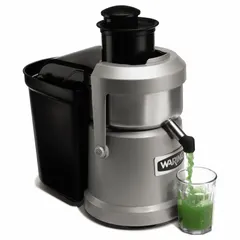 Single-speed juicer with a 1 1/4 hp motor (1,000 W) and 600 RPM max speed. Features a 3-gallon capacity for continuous juicing of fruits and vegetables. Suitable for high-volume commercial kitchens and bars.