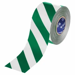 This extra-durable floor marking tape features a green/white striped pattern on a 22 mil thick polyester backing. It is used to mark aisles, work zones, and safety areas in industrial facilities, with the green/white pattern indicating pedestrian walkways or safe paths.