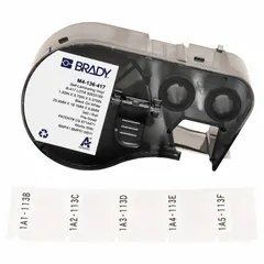 Precut label roll cartridge for M511 printer series. Self-extinguishing vinyl material, white matte finish. Includes 340 labels measuring 3/4 in x 1 in. Used for labeling wires, cables, and small components in industrial environments.