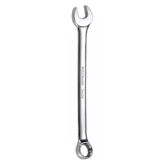 This SAE 12-point combination wrench features a 7/8-inch head size and an offset design for accessing recessed fasteners. Constructed from alloy steel with a chrome finish, it has an overall length of 11 1/2 inches. Suitable for tightening or loosening fasteners in mechanical and repair tasks.