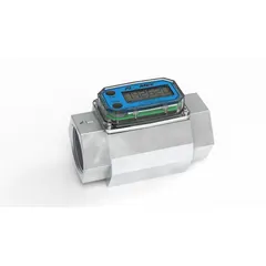 Inline turbine totalizer for fuel metering applications. Features a 1/2 in FNPT connection, PVDF rotor, digital display, and 4-20 mA output. Achieves +/-0.75% accuracy when used with a computer. Measures flow in gallons.