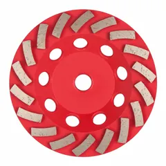 This 5-inch diameter turbo cup grinding wheel features 18 diamond segments for aggressive material removal on concrete, masonry, and stone. The 5/8"-11 threaded arbor fits standard angle grinders. Suitable for grinding, shaping, and surface preparation in construction and maintenance tasks.