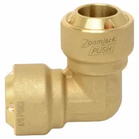 Brass push-to-connect x push-to-connect elbow fitting with 3/4 in OD on both ends. Allows 90-degree directional changes in tubing systems without tools. Suitable for pneumatic, fluid handling, and HVAC applications