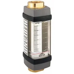 This HEDLAND inline variable area flowmeter measures flow rates of water and other compatible fluids in gallons. It features a scale display, Viton O-ring and seal materials, and universal mounting orientation. Accuracy is +/-2%. The unit does not include a pressure gauge or flow rate adjustment knob.