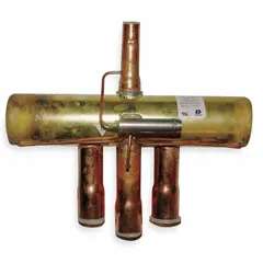 Straight-tube reversing valve for heat pump systems, rated for 3.8 ton to 11.7 ton capacity with R410A refrigerant. Features a 1 1/8 in suction line and HCFC compatibility. Used to direct refrigerant flow for switching between heating and cooling modes.