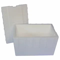 Cardboard shipping box with a 1.5 in thick Styrofoam insert for thermal protection. White exterior. Used for temperature-sensitive shipments requiring stable conditions during transit.