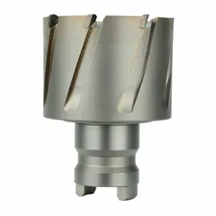 Two-piece alternate-tooth annular cutter with carbide-tipped cutting edges and bright finish. Features a tang shank for use with magnetic drill presses and stationary machines. Cuts clean, accurate holes in metal for structural steel, fabrication, and maintenance applications.
