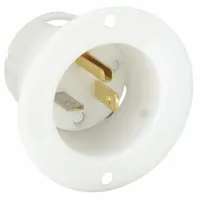 General purpose inlet with NEMA 5-20P configuration, rated 125V AC and 20A. White finish. 2-pole, 3-blade design for grounded power connections. Suitable for industrial equipment requiring a secure inlet interface