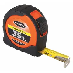 KESON PGPRO1835V is a 35 ft standard SAE inch tape measure with 1/16 in graduations. It features a nonmagnetic single hook tip, finger brake, manual lock, and a high-visibility orange plastic case with rubberized grip. Suitable for measuring tasks in construction, carpentry, and industrial environments.