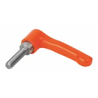 Straight teardrop-style adjustable handle with threaded stud. Zinc body with stainless steel thread. Orange finish. 80 mm length, 3/8"-16 thread size, 40 mm thread length. Used for clamping, positioning, and adjusting machinery components where a secure, repositionable grip is needed