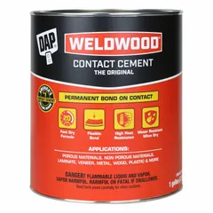 This tan, 1-gallon contact adhesive bonds non-porous or porous surfaces such as drywall, glass, and fiberglass. It is heat-resistant and water-resistant, with a VOC content of 712 g/L. Applied by roll-on, it meets MMM-A-130B standards and is suitable for general-purpose bonding tasks.