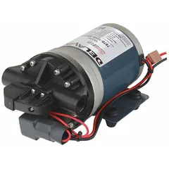 Electric on-demand diaphragm pump with polypropylene housing and integrated demand pressure switch for automatic operation. Suitable for transferring water-based and mild chemical solutions in agricultural spraying, crop protection, weed control, and liquid fertilizer applications.