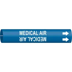 Blue snap-on pipe marker with white legend 'Medical Air' and directional arrows. Fits pipe outer diameters from 3/4 to 1-3/8 inches. Used to identify medical air lines in facility piping systems for clear labeling and safety compliance.