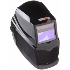 This auto-darkening welding helmet features a black nylon shell with a W10 shade designation and a 3.82 in x 1.85 in viewing area. It is equipped with 2 arc sensors and analog ADF controls, automatically darkening when an arc is struck. The ratchet suspension adjustment ensures a secure fit. Suitable for arc welding processes such as MIG, TIG, and stick welding.