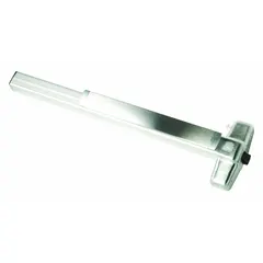 Rim-type exit device with touchbar style for doors up to 4 ft wide. Chrome finish. Includes night latch outside trim for key-locked exterior access. ADA compliant. Suitable for commercial buildings requiring safe egress.