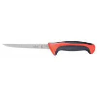 Narrow, sharp-edge boning knife with a 6 in stamped steel blade and red Santoprene/Polypropylene handle. NSF Certified. Used for trimming and deboning meat, poultry, and fish in commercial kitchens and food processing
