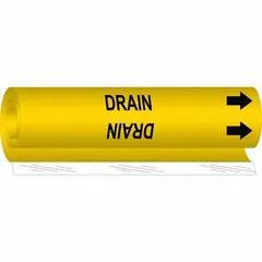 Yellow wrap-around pipe marker with black legend reading 'Drain' and directional arrows. Fits pipe outer diameters from 1/2 to 1-3/8 inches. Used to identify drain lines in piping systems for maintenance and safety purposes.