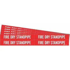 Adhesive pipe marker for identifying fire dry stand pipe systems. Red background with white legend text. Fits pipe outer diameters from 3/4 to 2-3/8 inches. Each pack contains 4 markers without arrows; sold in a 5-pack.