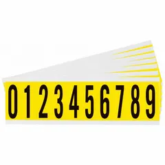 Indoor-only repositionable character set with Gothic black numbers 0-9 on a yellow non-reflective background. Each label has 1 15/16 in character height. Pack of 25. Not self-spacing or aligning. Used for manual placement on equipment, panels, or storage areas.