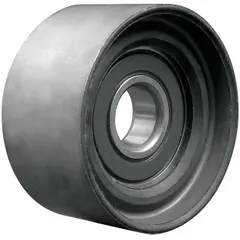 Steel flat idler pulley for light-duty serpentine belt systems. Flangeless design guides and tensions the belt in engine accessory drive applications.