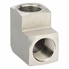 This 90° elbow is a nickel-plated threaded high-pressure pipe fitting with a 1/2 in x 1/2 in size, Class 1000 rating, and maximum operating pressure of 1,000 psi. It has a length of 5/8 in. Used to redirect fluid flow in high-pressure piping systems such as hydraulic or pneumatic lines.