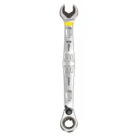 This SAE spline ratcheting combination wrench is constructed from alloy steel with a nickel chrome finish. It features a 25/64 in head size and an offset design for improved access in confined spaces. The overall length is 6 1/4 in. Typical applications include tightening and loosening fasteners in mechanical assembly and maintenance tasks