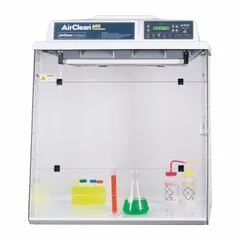 Fully assembled ductless fume hood with clear construction for visibility. Includes blower, base/stand, and work surface. Suitable for instructional and laboratory environments requiring fume containment during chemical handling.