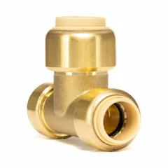 This brass push-to-connect reducing tee connects three tubes of different diameters, reducing from 1/2 in OD to two 3/8 in OD branches. It is used in pneumatic or fluid systems for line routing. The fitting is made of brass and features a reducer configuration.