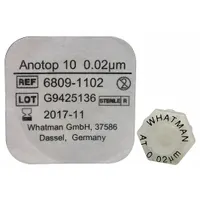 Sterile syringe filter with Anopore membrane (0.02 µm pore size) for critical filtration of small-volume samples. Polypropylene housing with female Luer Lock inlet and male Luer Slip outlet. Maximum capacity 10 mL. Suitable for particle, bacteria, and virus removal in analytical and sample preparation applications
