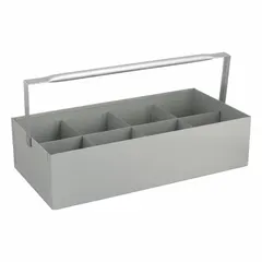 This steel nipple caddy features 8 compartments for organizing pipe nipples and tools. It measures 5 1/16 inches in height, 20 1/8 inches in width, and 20 inches in length. Commonly used in workshops and industrial settings for storing small parts and accessories.