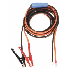 Plug-in jumper cables with 4 AWG wire gauge and 25 ft length for connecting batteries in vehicles. Spring clamp grip jaws provide secure attachment to battery terminals. Crimped cable connections ensure reliable electrical contact. Black cable jacket with orange accents.