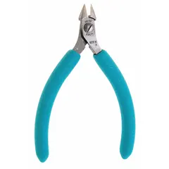Flush-cut, insulated, angled, pointed diagonal-cutting pliers with 3/8 in jaw length and 5/8 in jaw width. Designed for precision cutting of wire and small components, leaving a clean, flat surface. Suitable for electronics assembly and maintenance where burr-free cuts are required.