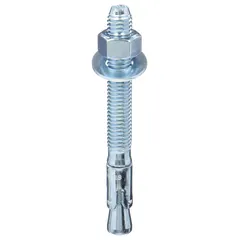 Zinc-plated steel wedge anchors for fastening into solid concrete. Each anchor has a 1/2 in diameter, 1/2"-13 thread size, and 1 in thread length. Supplied in a 50-pack. Suitable for structural attachments and equipment anchoring in industrial settings.