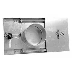 This blast gate is designed for 4-inch duct diameter and features a galvanized steel blade with 22-gauge thickness. It has an overall length of 5-1/2 inches and includes one air cylinder for pneumatic actuation. Used in dust collection and ventilation systems to control airflow.
