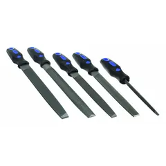 This file set includes five files: 10 in Half Round Bastard, 10 in Mill Bastard, 6 in Slim Taper, 8 in Flat, and 8 in Mill Bastard. Suitable for metalworking, deburring, and shaping tasks in maintenance and fabrication. Supplied in a pouch for organization and portability.