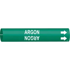Snap-on pipe marker for identifying argon gas lines. Green background with white legend text. Fits pipe outer diameter from 3/4 to 1-3/8 inches. Includes directional arrows to indicate flow direction. Suitable for use in industrial piping systems where argon is conveyed.