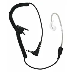 This listen-only earpiece features a clear earbud design with a 3.5 mm standard connector for universal compatibility with two-way radios. It allows private monitoring of incoming transmissions without push-to-talk capability, suitable for security, event staff, and surveillance applications.