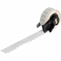 Pre-cut polyimide label roll with permanent adhesive, sized 1 1/2 in x 9/32 in. Compatible with M710 printer series when used with a Media Adapter. Suitable for industrial identification tasks such as labeling wires, components, or equipment in environments requiring heat and chemical resistance.