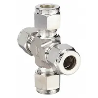 This double-ferrule stainless steel cross fitting has four 1/8 in OD connection ports. It is compatible with Parker A-LOK fitting brands. Used in instrumentation and process tubing systems to connect four tubes in a cross configuration