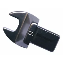 Open end torque wrench head for use with compatible torque wrenches. Size 9 mm, overall length 1 1/2 in. Suitable for applying precise torque to fasteners in confined spaces where a standard ratchet head cannot fit.