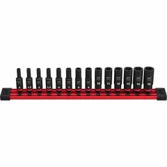 This 14-piece metric impact socket set features a 1/4 in drive size and includes sockets ranging from 4 mm to 15 mm. Designed for use with impact tools, it incorporates a friction retention mechanism for secure socket attachment. Suitable for fastening and loosening nuts and bolts in high-torque applications.