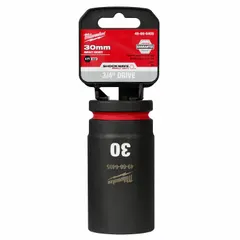 This 3/4" drive impact socket is designed for heavy-duty fastening and loosening of 30 mm metric nuts and bolts. The 6-point, deep configuration provides high torque transfer and access to recessed fasteners. A friction retention mechanism secures the socket on the anvil, while the black phosphate finish offers corrosion resistance.