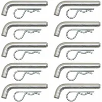 This 10-pack of hitch pins is made from carbon steel with a zinc plated finish. Each pin has a 5/8-inch diameter and 5 1/8-inch overall length, and includes a cotter. Used for securing trailer couplers to hitches in towing applications