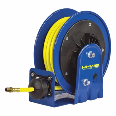 COXREELS Spring Return Hose Reel: 20 ft (3/8 in I.D.), 3/8 in MNPT, 300 psi Max Op Pressure - High-Visibility Lightweight Air or Water Spring-Return Hose Reels