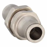 Nickel-plated brass union fitting with push-to-connect ends for joining two 5/16 in OD tubes. Suitable for pneumatic systems and fluid handling applications requiring quick, leak-free connections