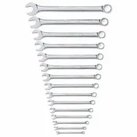 Set of 15 SAE combination wrenches made from alloy steel with a full polish chrome finish. Each wrench features a 12-point box end and standard length. Used for tightening and loosening hex fasteners in mechanical assembly and maintenance tasks