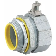 Straight insulated liquid-tight conduit fitting for flexible metallic liquidtight conduit. Steel/malleable iron construction with 2-1/2"-8 NPT thread. CSA Certified. Used where an external bonding jumper is required to provide a grounded connection in electrical systems.