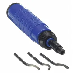 This adjustable-length hand deburring tool set includes E100, E200, and E300 blades. The handle stores blades for convenient access. Designed for deburring metal, plastic, and composite edges in industrial fabrication, machining, and maintenance tasks.
