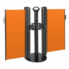 Retractable belt barrier system with a single post and 11 1/2 ft orange round-flat belt featuring a black push-through latch. The belt has no legend or pattern. Used for managing pedestrian flow, cordoning off areas, or guiding queues in facilities and public spaces.